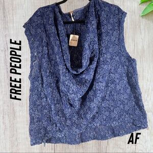 FREE PEOPLE COWL TANK EMBELLISHED FLORAL TOP NAVY NWT XS